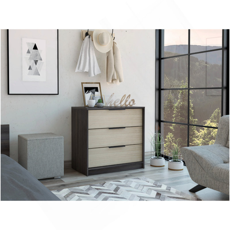 Commode 3 tiroirs Maryland, plateau supérieur, finition wengé / pin noir