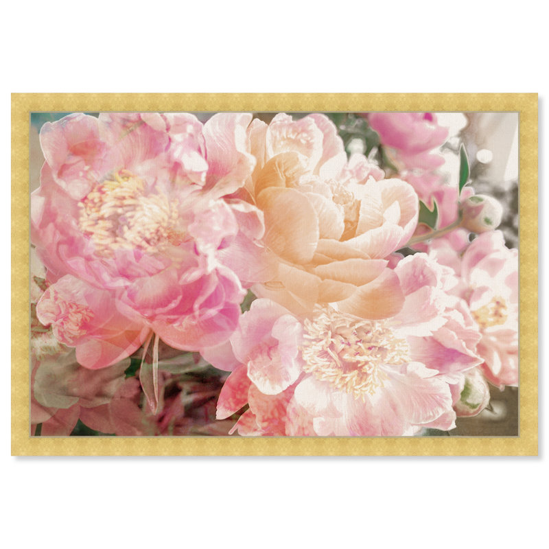 Fleurs roses, pivoines, impression sur papier, Cadre doré, H 38 po x l 56 po