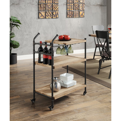 3-Tier Rolling Storage Cart with Pipe-Style Powder Coated Metal Legs, KD Knock-Down Structure with Lockable Casters, Veneer MDF Composite Wood Shelves, Weight Capacity Top 70lbs Middle & Bottom 30lbs