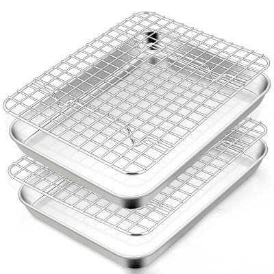 Toaster Oven Pan With Rack Set, 9 X 7 X 1 Inch Stainless Steel Mini Baking Pan Tray With Grid Rack For Baking Roasting Cooling, Non-Toxic & Heavy-Duty, Dishwasher Safe, (2 Pans + 2 Racks)