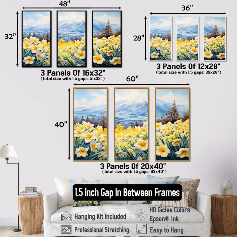 Daffodils Charm In Mountain - Ensemble de salon d'art mural jonquilles, Cadre flottant doré, H 40 po x l 60 po x P 1 po
