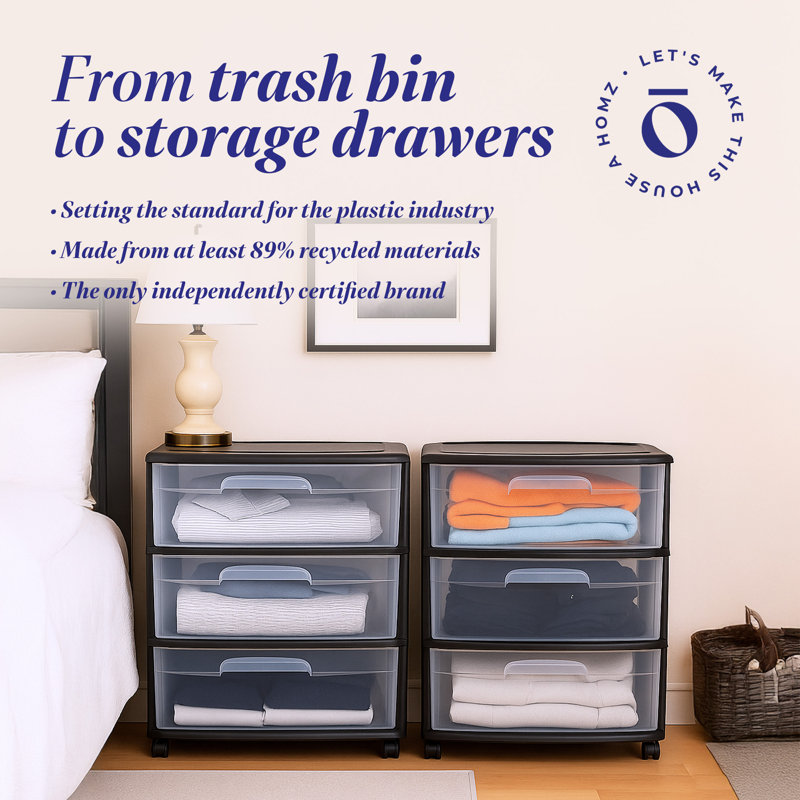 Homz Tall Solid Plastic 3 Drawer Storage Cart with Wheels