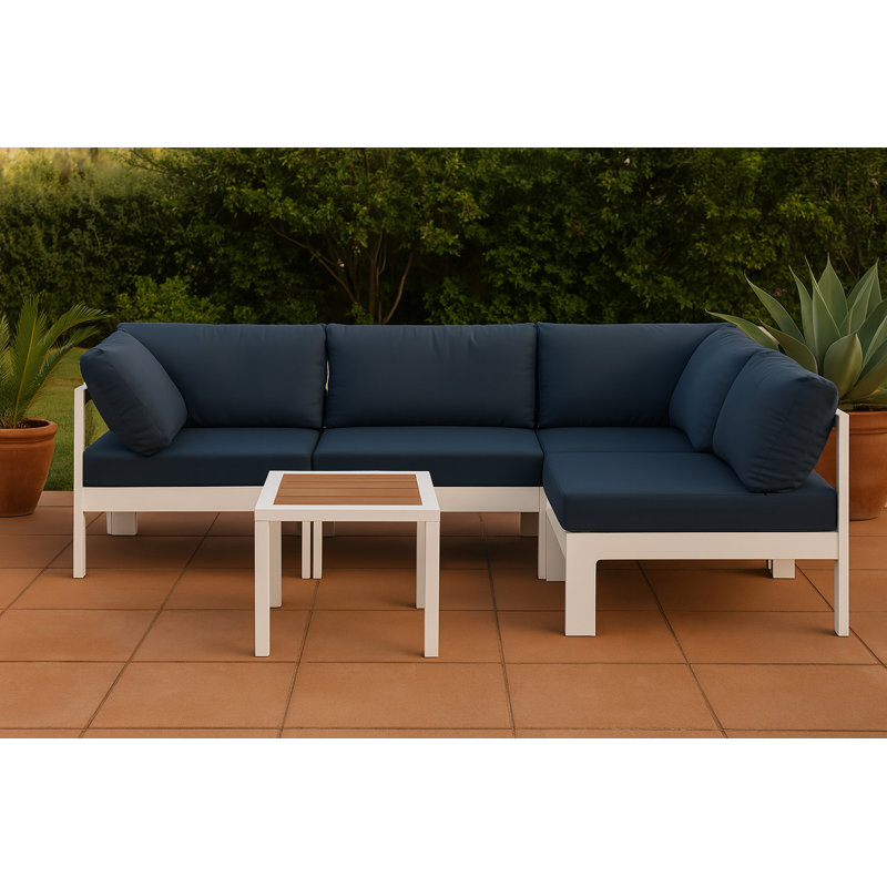 Quintarius 90'' Wide Aluminum Patio Sectional with Cushions, White, Navy