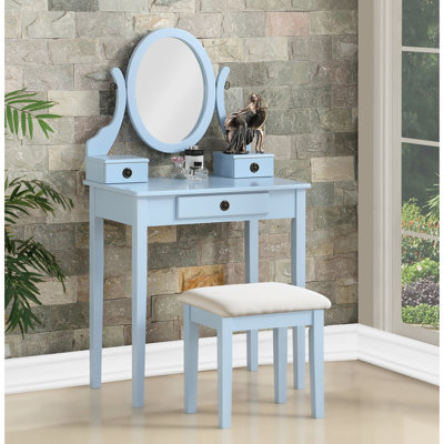 Table de coiffeuse et tabouret en bois bleu avec 3 tiroirs de rangement