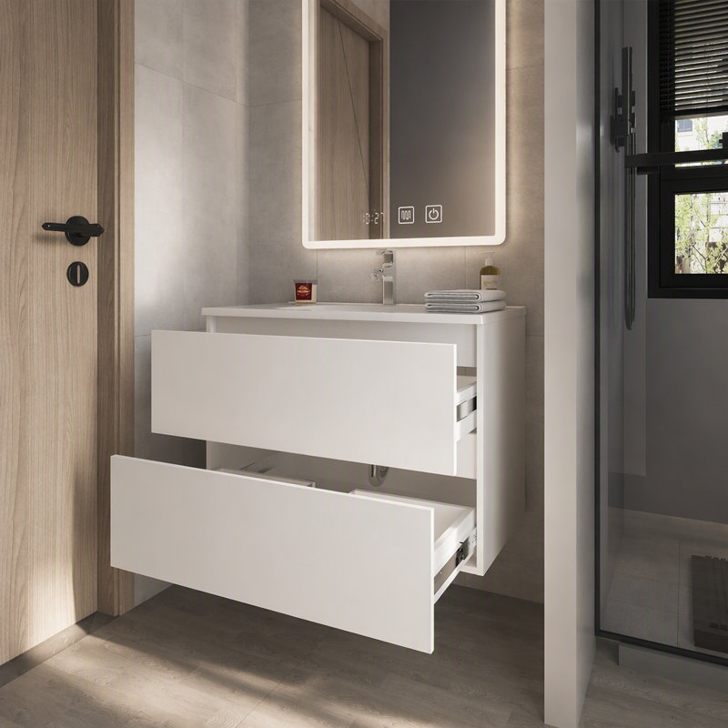Meuble-lavabo flottant blanc avec deux tiroirs et lavabo