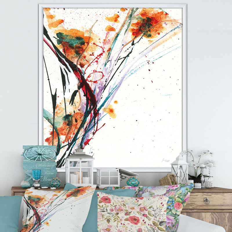 Cadre photo « abstract handpainted orange florals », reproduction sur toile, H 40 po x l 30 po x P 1,5 po, Cadre blanc