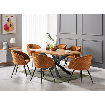 Goddard  6 Person Dining set - a Rectangular Wooden Dining Table with Metal Legs and a Set of 6 Quilted Velvet Dining Chairs for Dining Room - Modern Dining Table Set