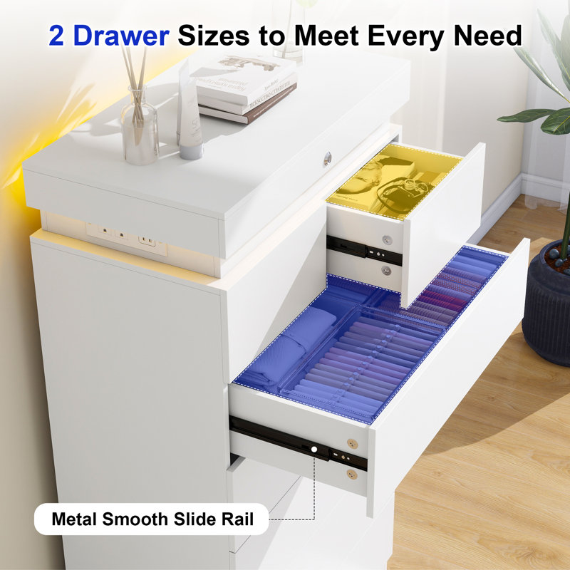 51.3” Tall 7-Drawer Dresser with LED Lights, Power Outlet & Hidden Lock Storage, Modern Vertical Storage Chest for Bedroom, Living Room