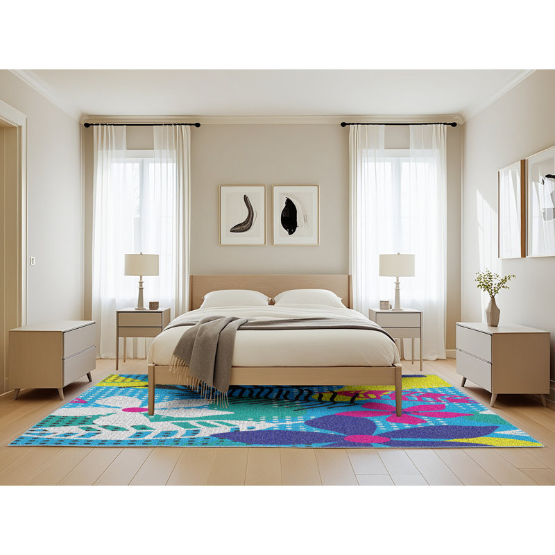 Tapis bleu / jaune à motif floral Faiz, Rectangle 5 pi x 8 pi