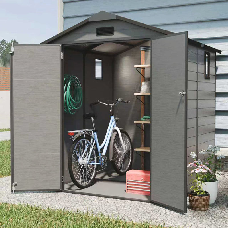 Remise de rangement extérieure verrouillable en plastique 6 x 6 pi avec fenêtre et plancher, résistante aux intempéries et durable pour les outils et l'équipement de jardin