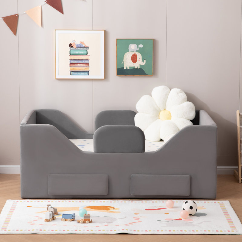 Toddler Floor Bed with Removable Safety Rails and Storage Bag, Kids Bed for Girl and Boys, Standard Crib Size, Safety Upholstered Child Beds, Low to Floor Design