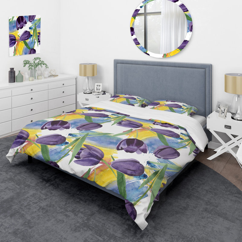 Mauve fleur et feuille - ensemble de housse de couette floral - polyester microfibre