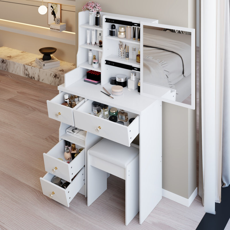 Coiffeuse de 50,4 po de hauteur avec tiroir à gauche, miroir coulissant à droite et tabouret rembourré American Design