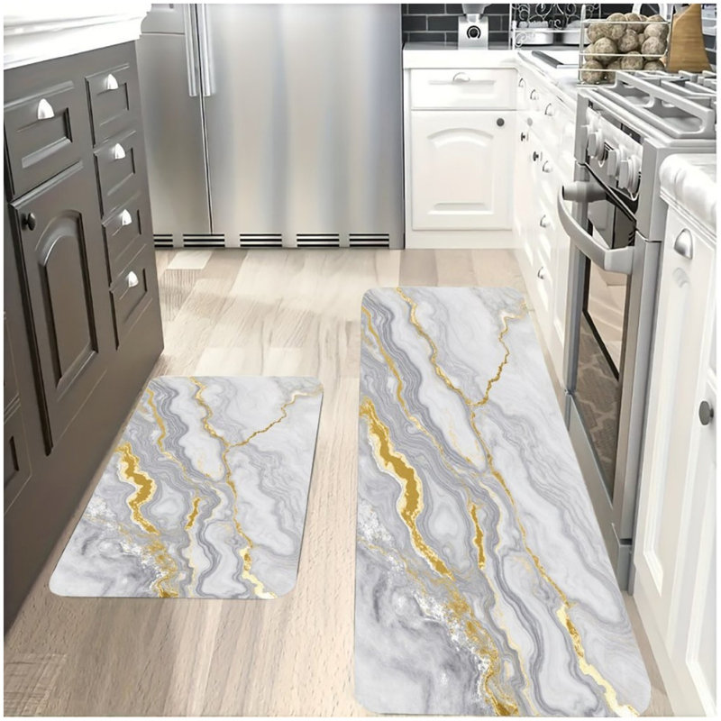 Ensemble de tapis de cuisine en marbre gris et or blanc 2 pièces, tapis de sol pour la salle de bain et la cuisine