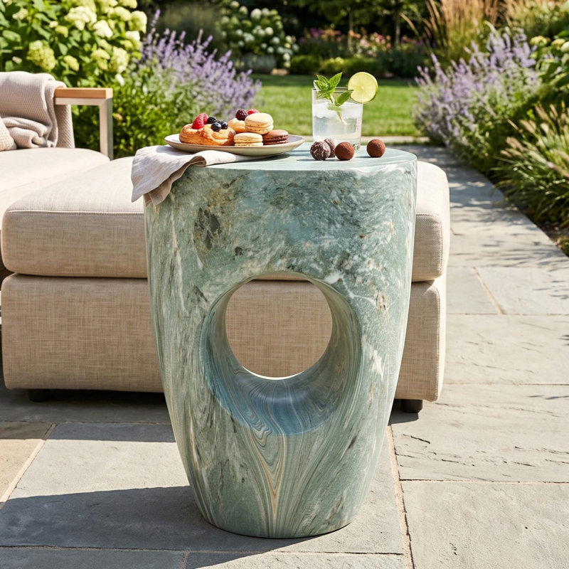 Table d'appoint ronde moderne avec détails décoratifs, tabouret de jardin extérieur en faux marbre et table de bout d'intérieur