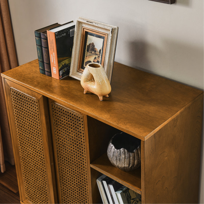Mid Century Modern Rattan Sideboard Cabinet, Walnut