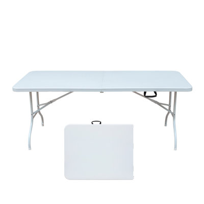 Table pliante portative 6 pieds avec plateau imperméable et poignée de transport, blanc