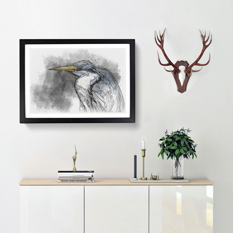 Pied Heron - Picture Frame Graphic Art Print, 27cm H x 36cm W x 2cm D, Black Framed