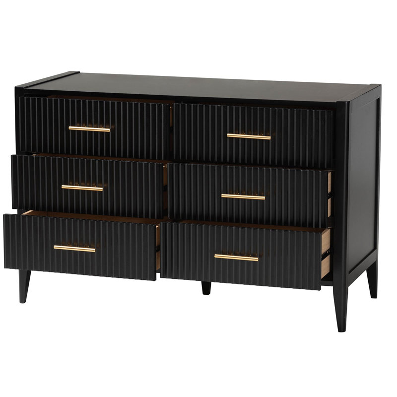 Wooley Mid-Century Fluted Wood 6-Drawer Dresser, Black