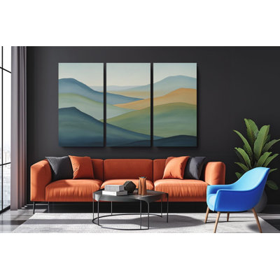 Abstract Mountain Triptych Canvas Print, Serene Landscape Wall Art, Modern Nature Decor for Living Room, Painting Reproduction