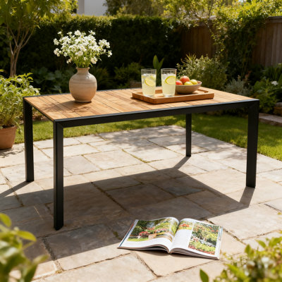 Patio 64''L Rectangular Aluminum / Teak Wood Dining Table With Umbrella Hole For 6 Person
