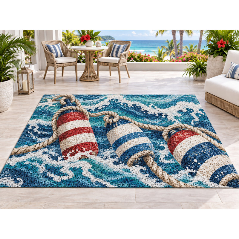 Tapis d'extérieur 152 x 213 cm (5' x 7') à motif de bouées et de vagues, en PVC épais, imperméable et bouclé, idéal pour une terrasse ou une entrée. Séchage rapide.