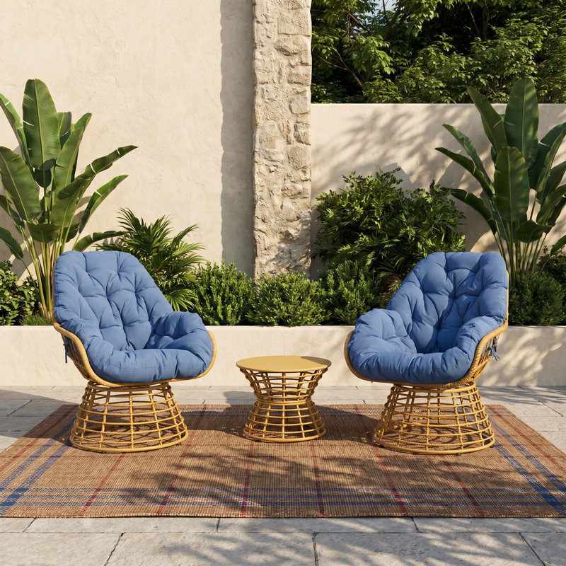 Ensemble de chaises longues pivotantes en osier pour 2 personnes avec table d'appoint ronde, Bleu