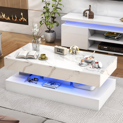 Hanscom High Gloss Marble Coffee Table with LED Lights and Drawers