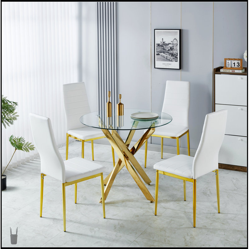 Ensemble de salle à manger de style Mid-Century moderne avec plateau en verre, pieds en métal et tables de bout et basses assorties pour 4 à 6 personnes