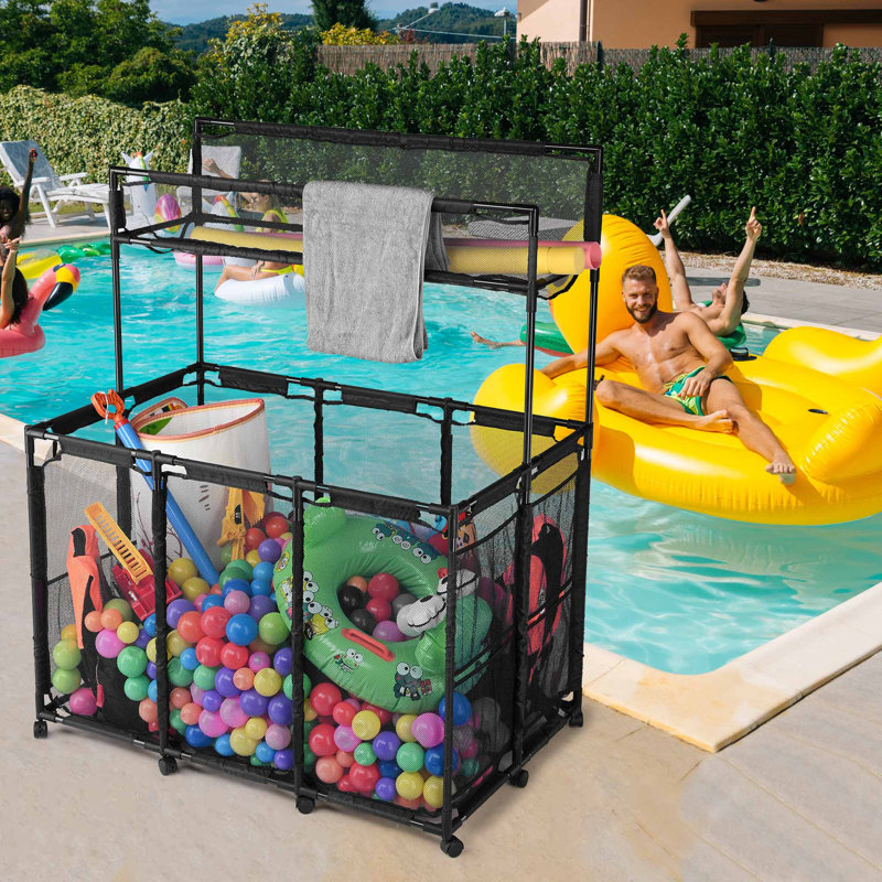 Kierah Metal Frame 10 Wheels Pool Float Storage Bin Double Decker Rolling Cart with Noodle Holder, Black