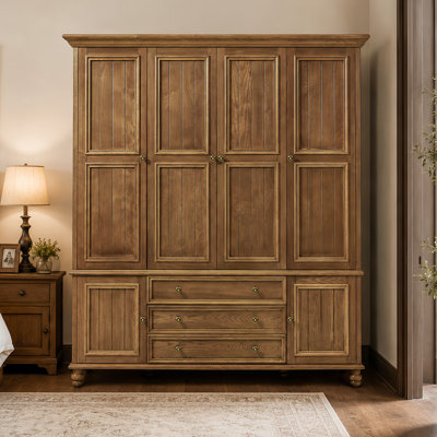 Armoire Clashyee en bois massif, 200 cm de hauteur, avec 3 tiroirs et fermeture amortie, luxueuse armoire à 4 portes pour chambre à coucher, couleur noyer.