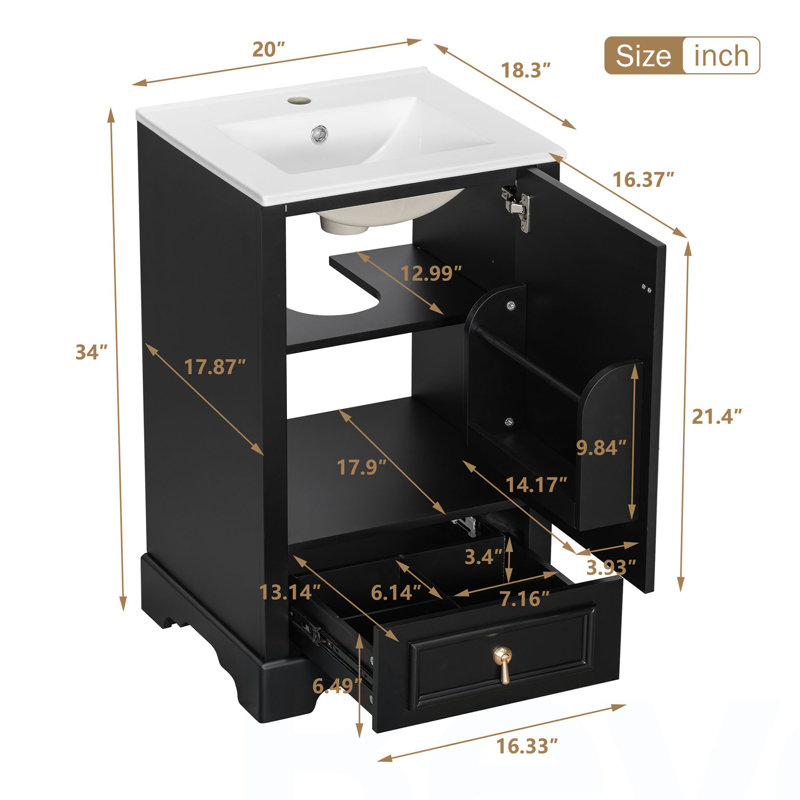 Meuble-lavabo de 20 pouces avec lavabo en céramique, porte à fermeture en douceur, tablette ajustable en forme de U, tiroir de compartiment et support de porte, style moderne, conception peu encombrante