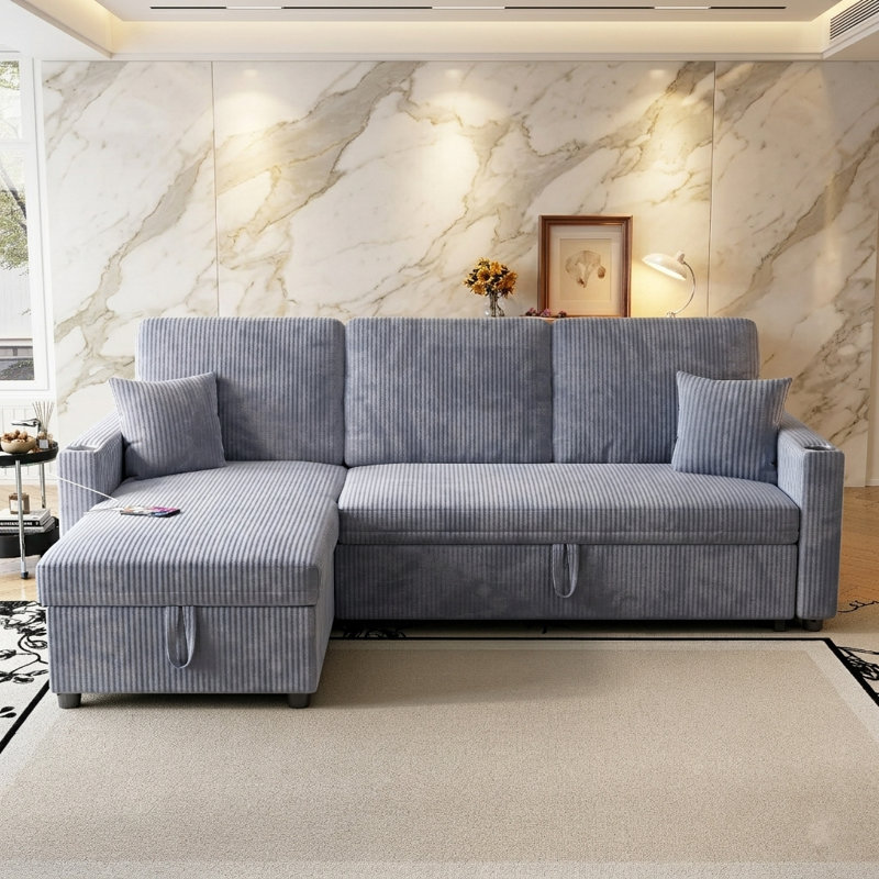 83" Convertible Sectional Sleeper Sofa with Pull Out Couch Bed, 4-in-1 Corduroy Cloud Couch with Storage Chaise and USB Charging, Grey