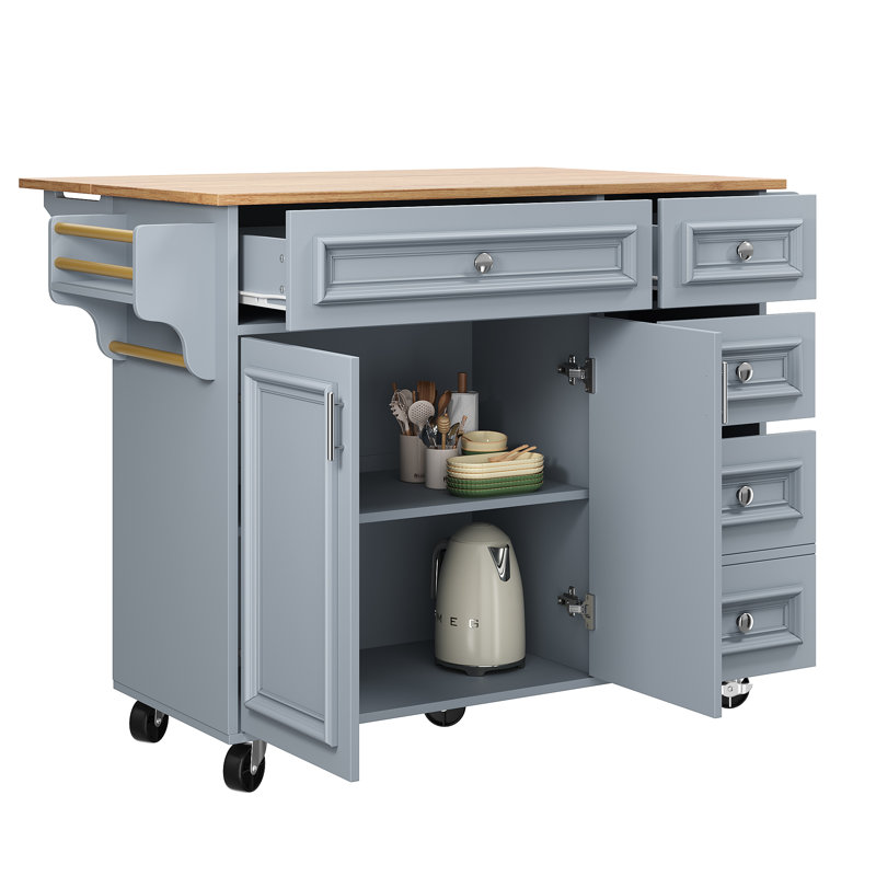Kitchen Island With 2 Doors And 5 Drawer, Blue