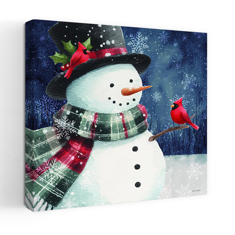 Bonhomme de neige de Noël avec cardinal I, art abstrait contemporain, nature, hiver, H 24 po x l 24 po
