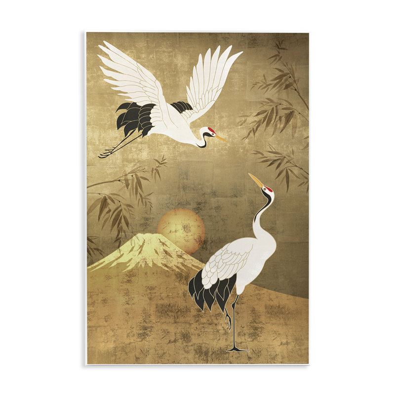 «Traditional Cranes & Mountain», art mural sur bois par Reinders, H 19 po x l 13 po