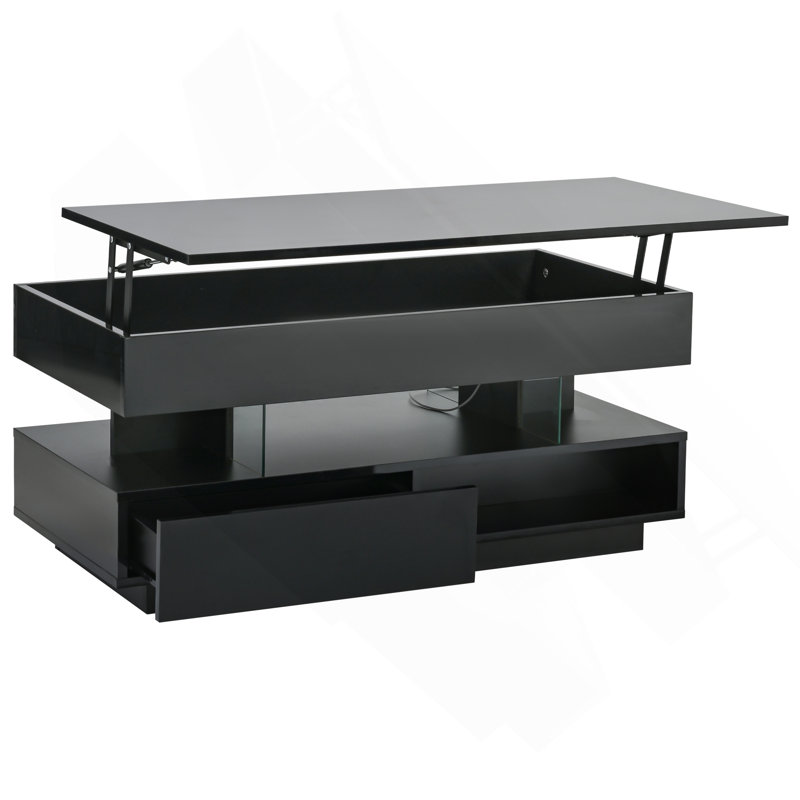 Table basse à plateau relevable avec rangement caché, tiroirs et lumières DEL réglables - Table multifonctionnelle moderne pour le salon, la chambre à coucher, le bureau (noir) | Idée de cadeau
