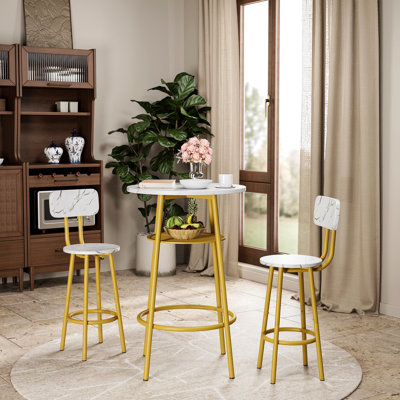 3 Pcs Dining Table And Chairs Set With 2 Stools Dining Table Set Faux Marble Tabletop For Home Or Hotel Dining Room, Kitchen Or Bar