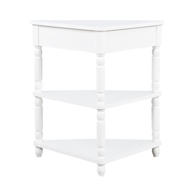 Milk White 33.8'' Corner Table, Solid Wood Legs, Enhances Ambiance Of Small Spaces 3 Tier Table With Legs For Compact Places - Triangle End Living Room, Bedroom, Bathroom, Corridor, Balcony Quick