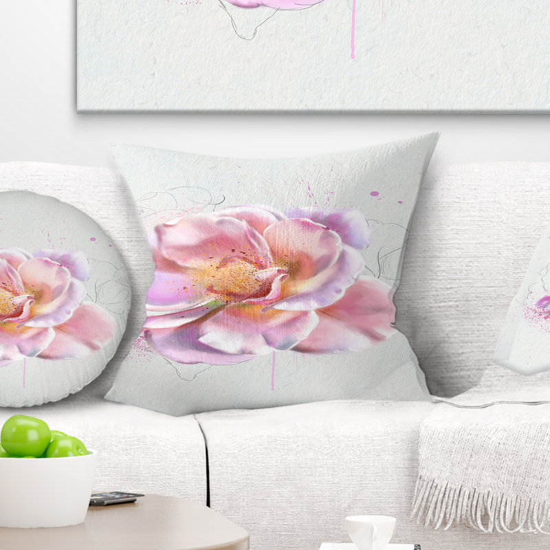 Coussin d’esquisse flowerswork jolie rose aquarelle, 16 po x 1 po, Coussin décoratif