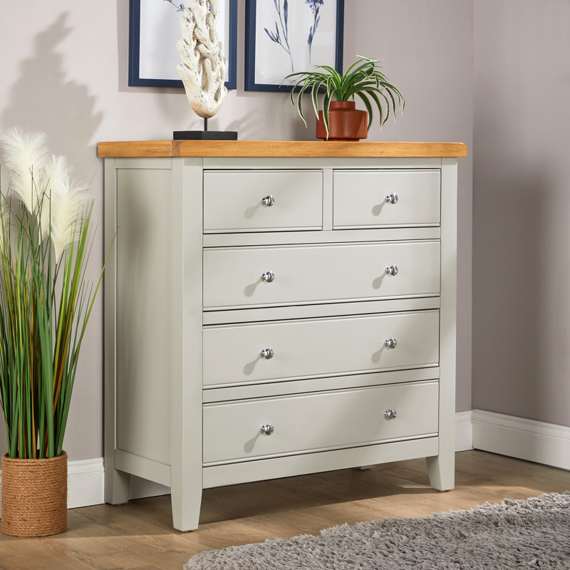 Easton Fully Assembled Painted Solid Wood with Oak Veneer 5 Drawer Chest Storage Unit, Grey