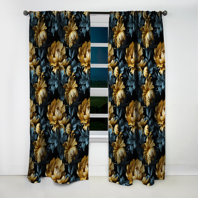 Dark Blue And Golden Gilded Damask Glamour - Damask Curtain - Blackout Curtain - 1 Panels, 52" W x 90" L