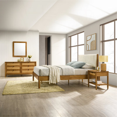 Vichy 4-Piece Rubberwood Bedroom Set With Corduroy Upholstered Queen Bed, Dresser, Mirror, And Nightstand