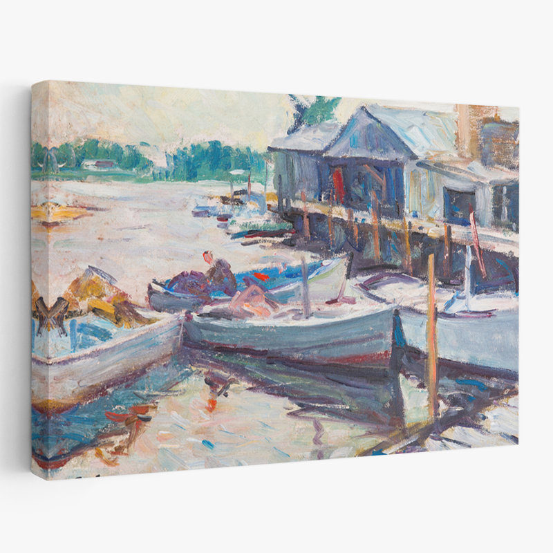 Poissons, art côtier, bateaux, paysages, H 16 po x l 24 po