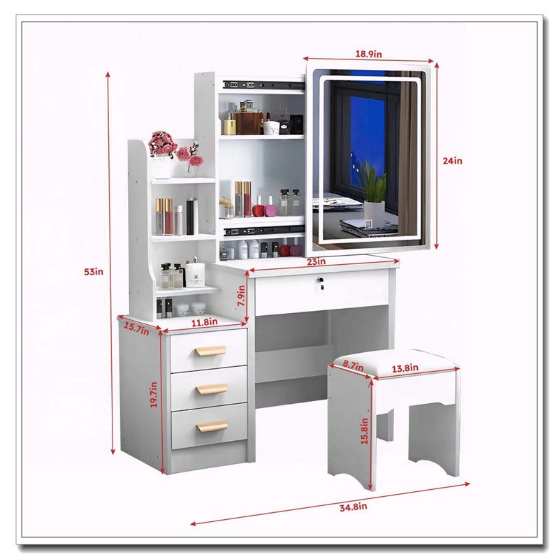 Bureau de coiffeuse avec miroir, lumières, 4 tiroirs et fauteuil Fashion