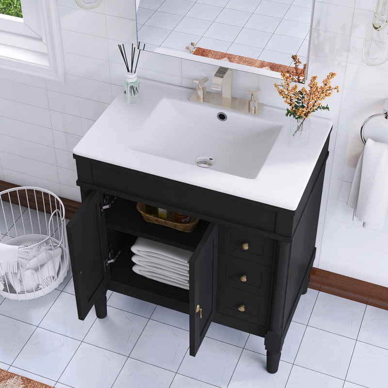 24" Freestanding Single Bathroom Vanity With White Ceramic Integrated Top, Black/Gold