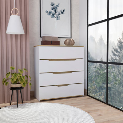 Commode Zoe, plateau supérieur, quatre tiroirs - blanc / chêne clair