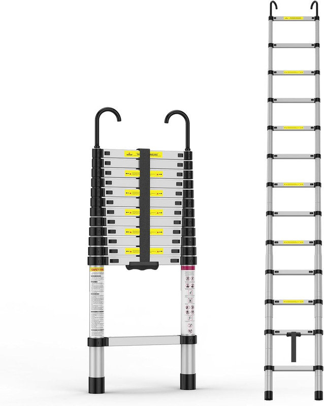 Telescoping Ladder, 12.5 Ft Aluminum Extension Ladder with 2 Detachable Hooks, 331 Lbs Load Capacity