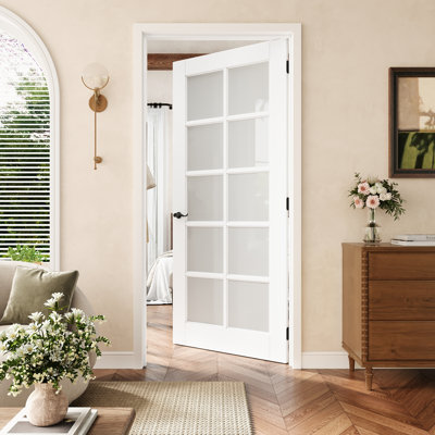 Porte pré-suspendue intérieure en verre givré 32 po x 32 po avec charnières noires 32 po x 80 po, plaque de porte d'intimité en verre avec cadre, porte intérieure comme garde-manger, porte de chambre à coucher, porte de buanderie, portes de placard, portes de pièce, droite