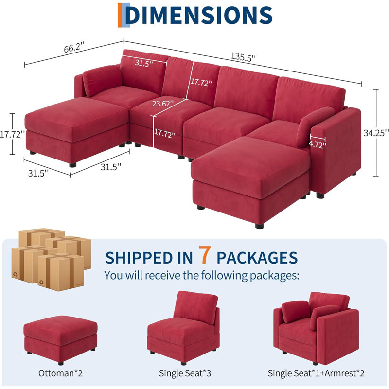 Canapé modulaire de 135,5 po, canapé en chenille en U avec repose-pieds 6 places, canapé convertible à assise profonde, beige